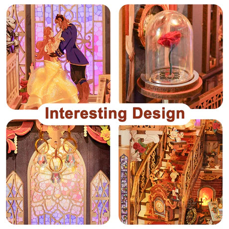 Beast and Beauty book nook — moonlit scene with thorn walls and glowing lanterns